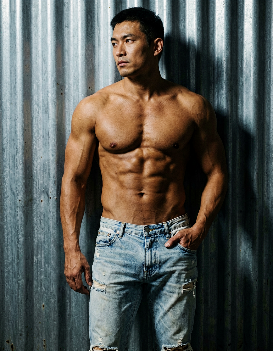 A handsome adult man with medium-tan skin and short dark hair stands leaning against a corrugated metal wall, shirtless to reveal defined pectorals, abs, and thick thighs. He wears light-wash distressed jeans, right arm extended downward while the left hand rests in his pocket. His expression is serious as he looks off-camera to the left under strong directional side lighting that casts deep shadows on his body against a cool grey metallic background