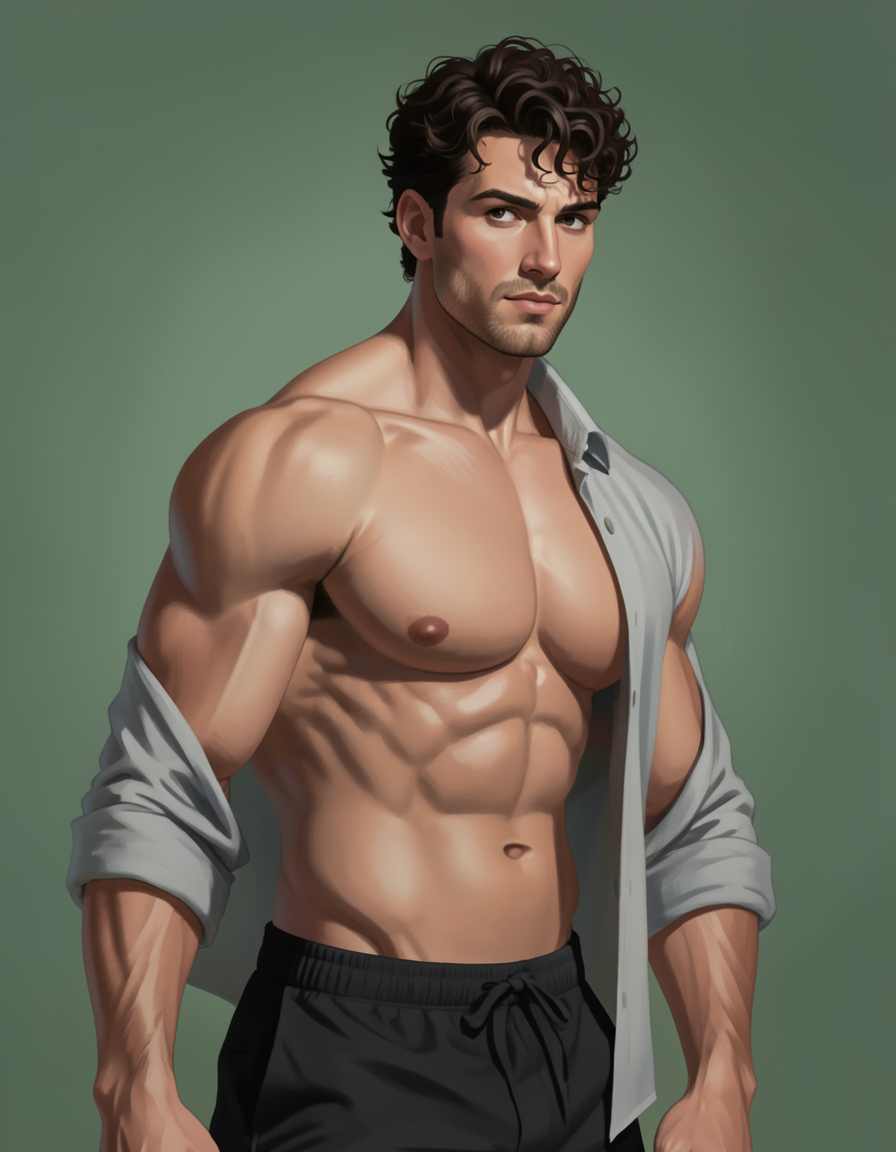 A digital painting of a shirtless man with a muscular torso leaning slightly to 