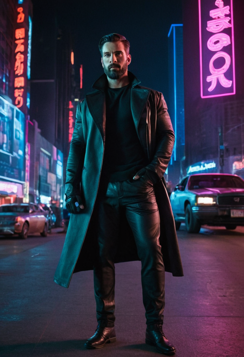 In a neon-lit street, an athletic man with short dark hair and a beard stands in