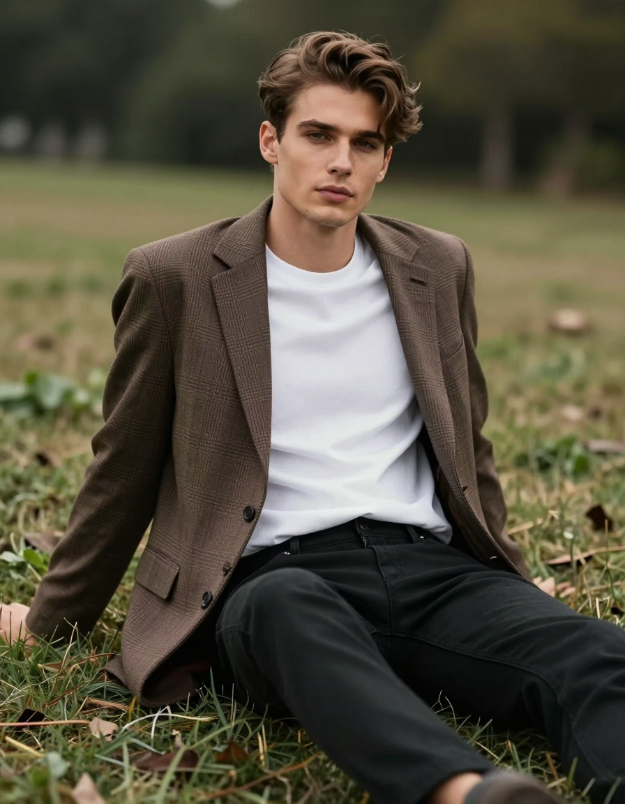 A handsome Caucasian man with fair skin and brown hair styled upward sits on a g