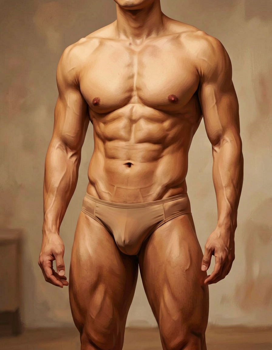 a handsome masculine male with a compact athletic build standing front-facing an