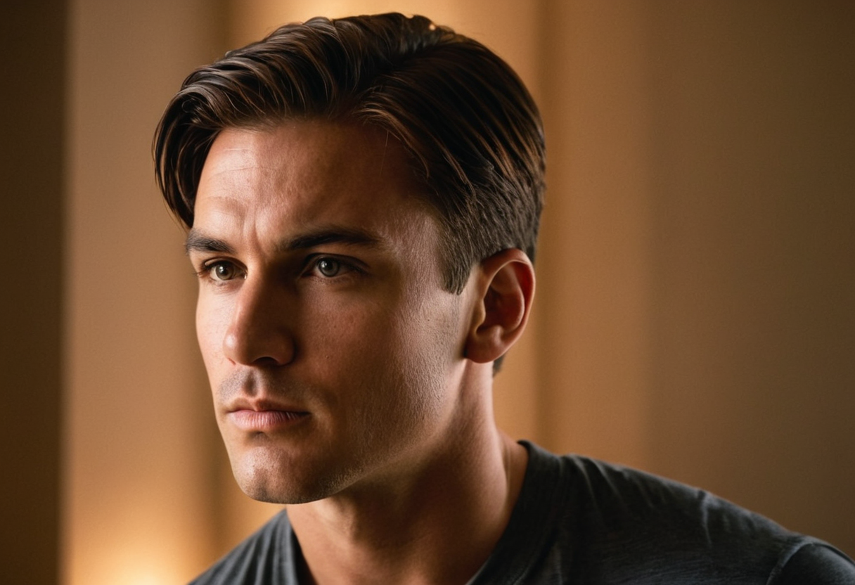 A handsome male model posing in a dimly lit studio with natural window light fil