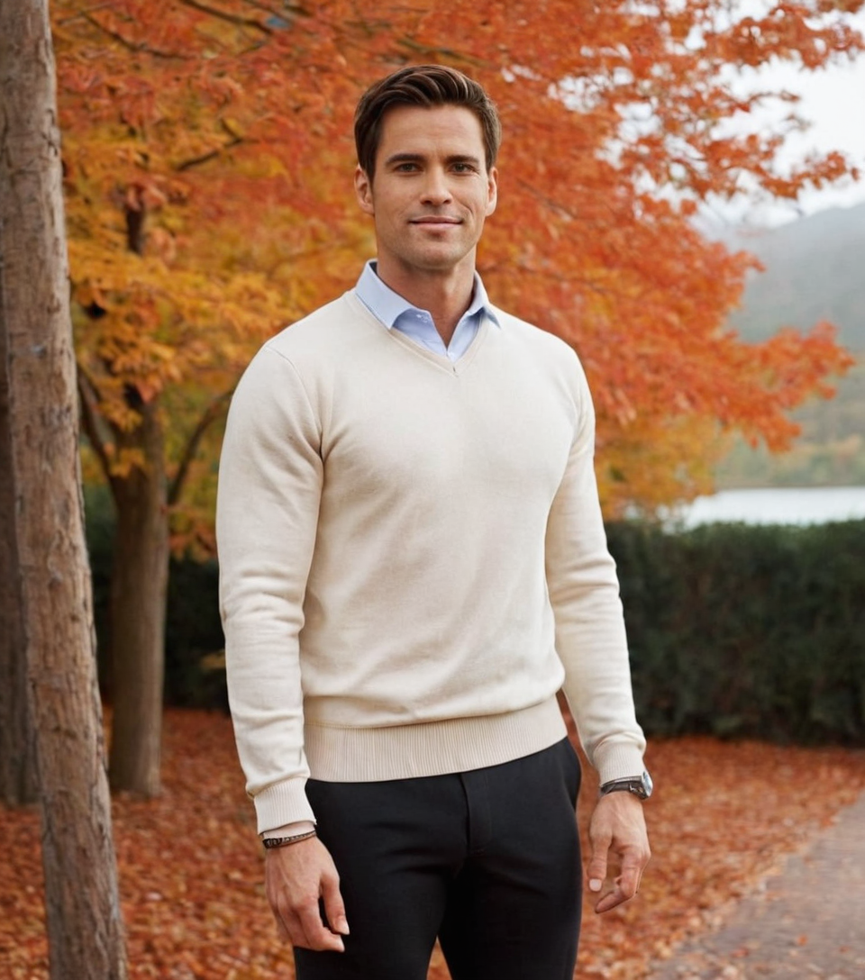 a handsome masculine man standing straight with his head slightly tilted forward