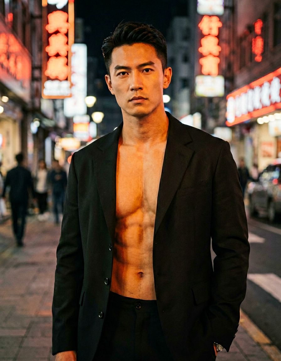 A handsome Asian man standing confidently in an urban setting at night. The subj