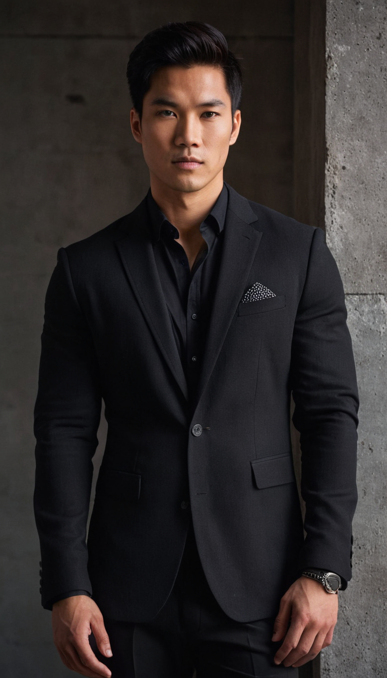 A handsome young Asian man standing against an urban backdrop of a textured concrete wall with soft cinematic lighting creating subtle shadows. He is dressed in a stylish black ensemble, featuring a tailored blazer over a button-down shirt paired with fitted trousers. The subject's chiseled features and muscular build are highlighted by the moody atmosphere and muted color palette dominated by grays and blacks.. Scene and lighting from reference: The image features a single handsome masculine male subject standing against an urban backdrop of a textured concrete wall. The lighting is soft and cinematic, creating a moody atmosphere with subtle shadows that enhance the subject's features. The color palette is muted, dominated by grays and blacks, which contribute to the overall artistic and sensuous tone. The subject is dressed in a stylish black ensemble consisting of a tailored blazer ove