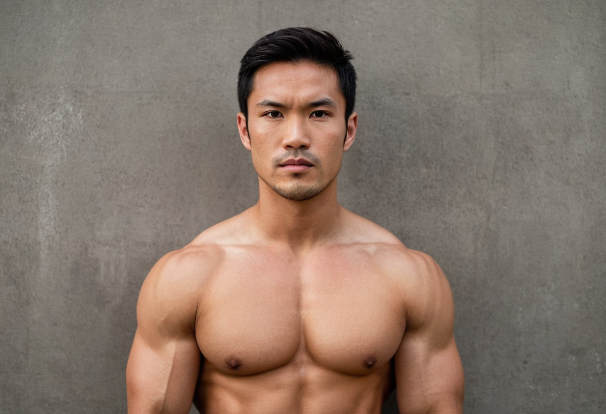 A handsome Asian man with short black hair, brown eyes, and a serious expression