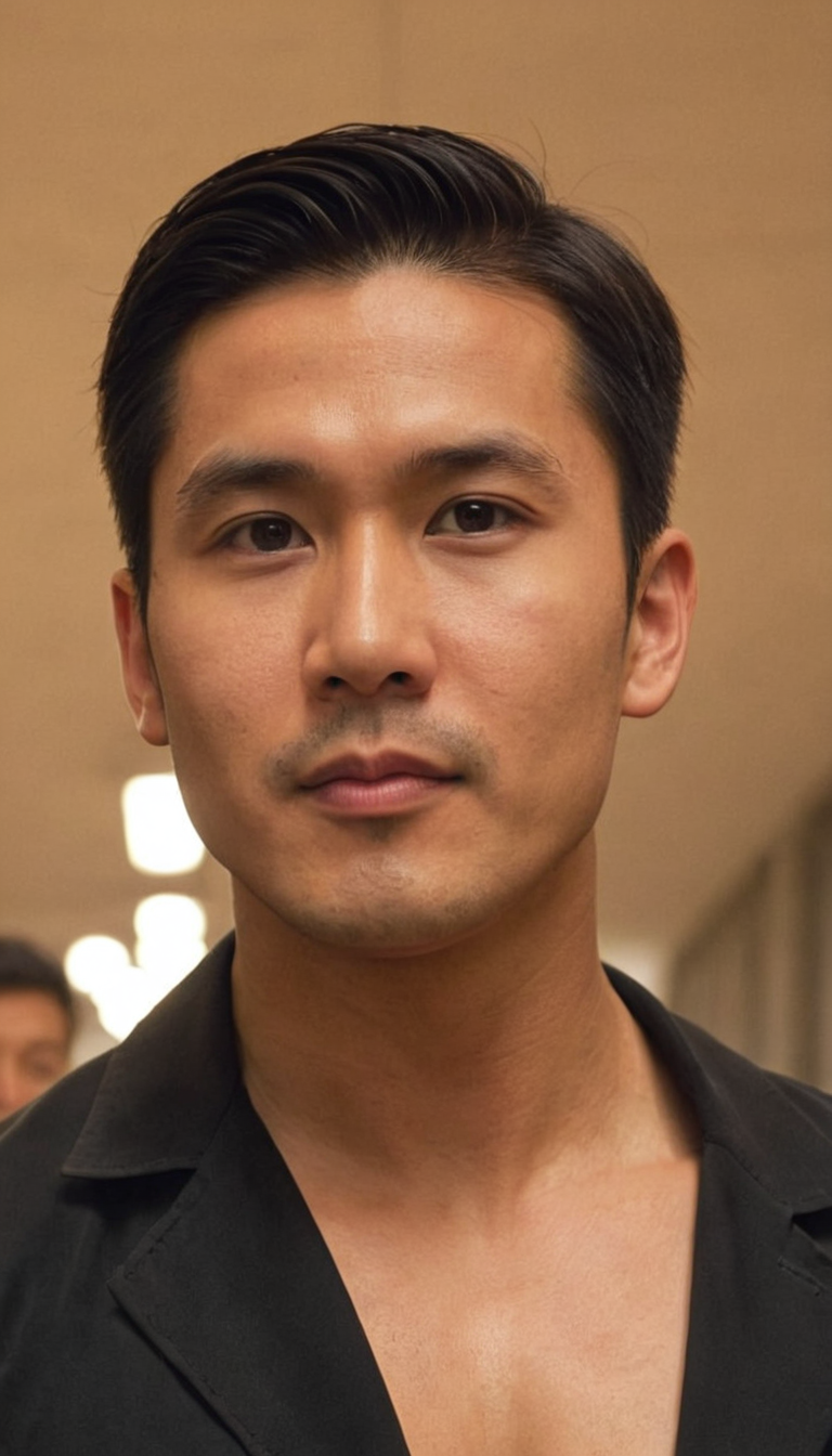 Asian male with short dark hair styled upwards, broad shoulders and defined abs. He is shirtless with an open black jacket draped over his shoulders. The image shows a torso-only crop in a vertical portrait orientation (14:25 aspect ratio), capturing him standing with his head slightly tilted upward, looking off into the distance. Soft warm lighting from streetlights contrasts with cool blue hues in the background, creating an urban evening atmosphere. Muted color palette of black and gray dominates the scene. The picture is sharp with a slight bokeh effect in the background.. Scene and lighting from reference: 1. Art medium / rendering style: Photoreal photograph
2. Frame/crop: Torso-only crop
3. Pose: Standing
4. Shirtless or clothed? If bare chest → write "shirtless" / "bare chest": Bare chest
5. Each garment & accessory (shorts, socks color/height, shoes): Black shirt and jacket with visible collar
6. Physique highlights (thick muscular thighs, abs, shoulders, etc.): Broad shoulders and defined abs
7. Image quality: Tack-sharp
8. Lighting, palette,, 人种: Asian; 发型: short, dark, styled upwards; 眼睛: not visible due to framing; 眼镜: none; 胡须: mustache; 表情: neutral; 姿势: standing, head slightly tilted upward, looking off into the distance; 画幅比例: 14:25 aspect ratio, vertical portrait orientation, 768x1344 canvas; 衣着: black shirtless, black jacket worn open over shoulders, iPhone mirror selfie in gym, phone visible in reflection, post-workout sweat sheen, teasing confident smile