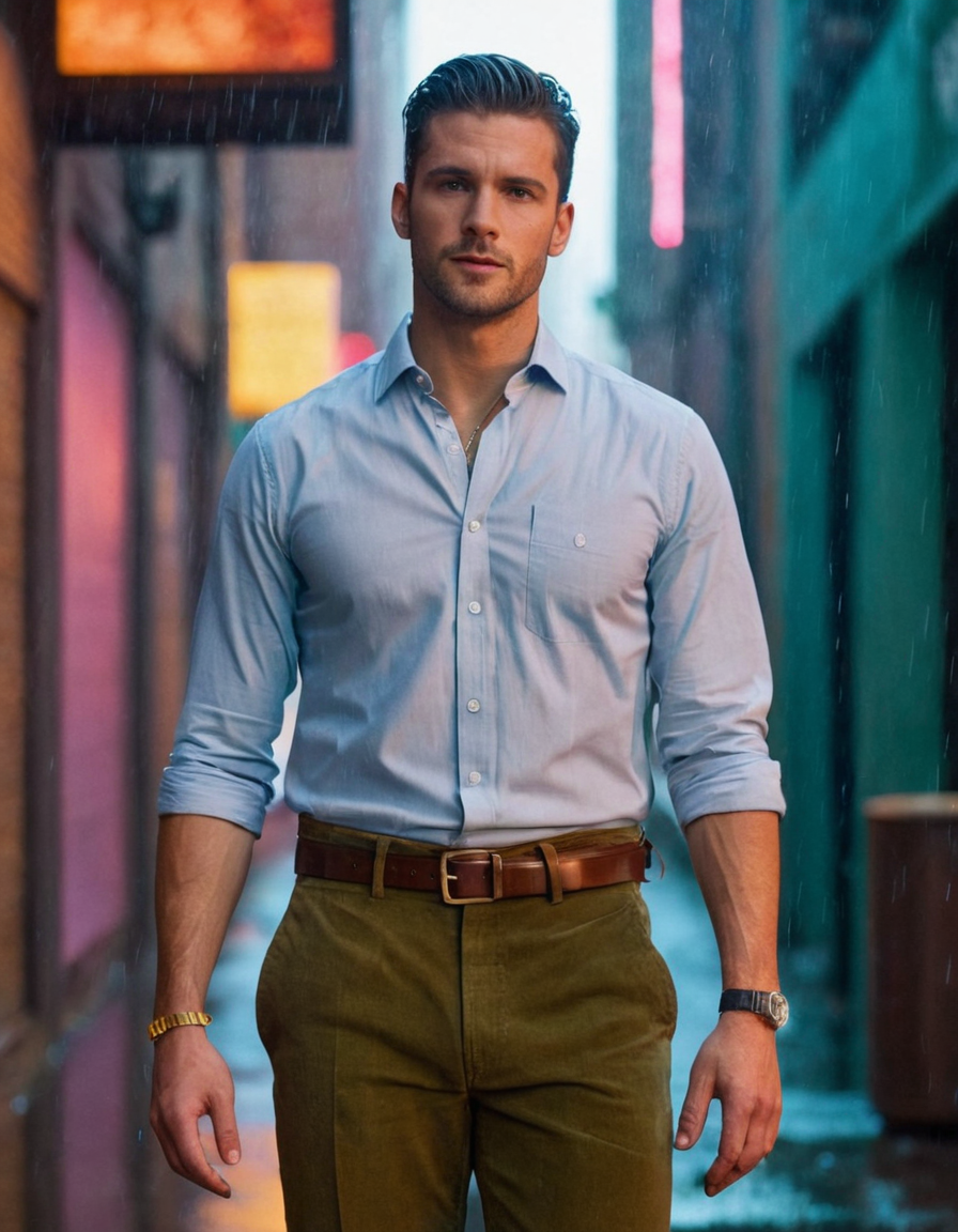 A shirtless man stands in a neon-lit alleyway of a cyberpunk metropolis, raindrops glistening on his skin. Holographic signs and advertisements flicker overhead, creating an aura of vibrant colors and dynamic shadows that reflect off the wet walls and pavement. The scene is bathed in soft window light from nearby buildings, highlighting his muscular form.. Scene and lighting from reference: The reference image shows a handsome masculine man in an outdoor setting during what appears to be late afternoon or early evening, as indicated by the warm lighting and soft shadows. The subject is wearing a light blue striped button-down shirt paired with olive green trousers, accessorized with a belt and a simple necklace. ### Environment & Background:
The background features blurred trees with autumnal foliage, suggesting an urban park settin