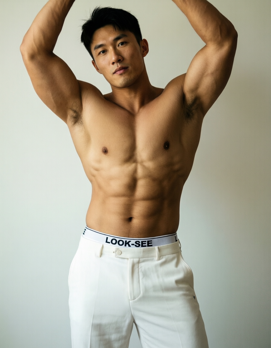 A photorealistic portrait of a shirtless Asian man standing with his arms raised above his head, torso slightly leaned back. He is wearing white pants with 'LOOK-SEE' waistband. The image has a vertical portrait orientation with an aspect ratio of 200:301 and a canvas size of 832x1216 pixels. Soft lighting and a neutral background enhance the defined abs and broad shoulders, creating a romantic aesthetic
