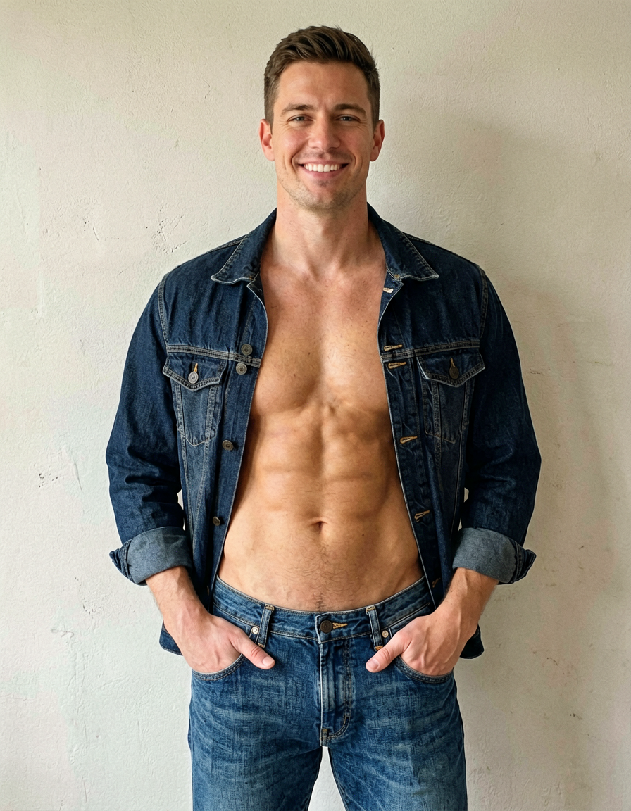A handsome Caucasian man in his twenties stands facing the camera with a confident smile and direct gaze. He is shirtless, displaying defined abs and broad shoulders against an open dark denim jacket with sleeves rolled up. His hands are casually tucked into blue jeans pockets while he wears no visible footwear or socks. The composition features a centered waist-up crop highlighting skin tones and neutral background textures under soft even daylight. This clean studio-style portrait captures the subject's casual confidence on a plain light-textured wall., shot on iPhone 15 Pro main camera, authentic smartphone computational photography, natural Smart HDR and true-to-life skin texture, vertical 9:16 Xiaohongshu lifestyle feed, bright clean everyday scene, unretouched phone photo with subtle sensor grain, trendy Chinese internet 网红 aesthetic, candid influencer energy, wearing underwear or swim trunks, covered genitals, no frontal nudity