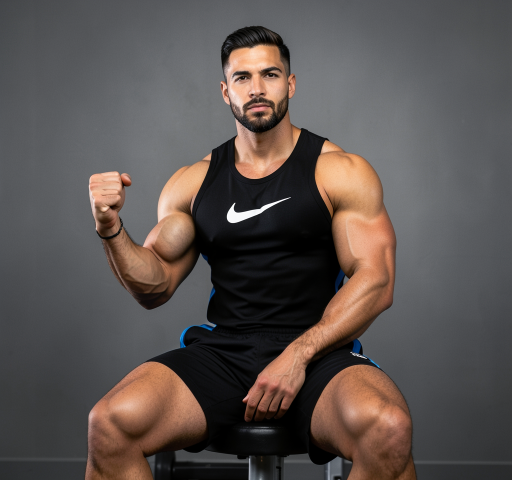 A confident masculine man seated on gym equipment, mid-torso to upper thighs centered. He wears a black Nike tank top with white swoosh and black athletic shorts with blue side stripes. His right hand grips the handlebar while his left arm rests near his thick thigh in a teasing pose. Sculpting light creates implied exposure against a gray wall background. Vertical portrait captures broad shoulders, defined biceps, triceps, and thick thighs for tasteful suggestive framing., a single uninterrupted photograph only, no written words or typography anywhere in frame, no captions, no app UI, no social-media post layout, no screenshot borders