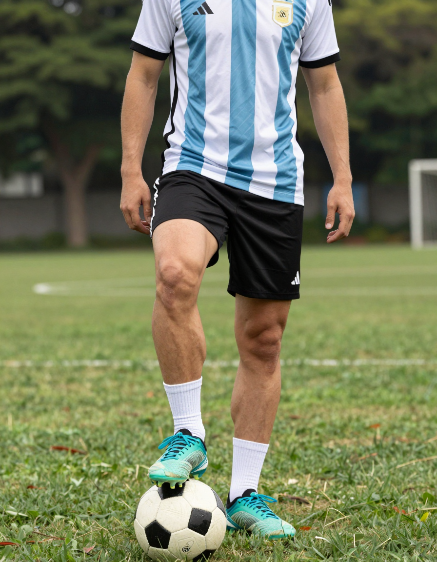 A photorealistic photograph of a shirtless man in an Argentina soccer jersey, black shorts, white crew socks, and teal soccer cleats, standing on a soccer ball with his torso centered in the frame against a backdrop of green grassy field with trees. The lighting is natural outdoors, highlighting defined abs and thick muscular thighs. He appears to be reflecting on his childhood dream of playing football, exuding an athletic and energetic mood typical of a soccer player. The image has a 591:1280 aspect ratio, vertical portrait orientation, and is tack-sharp in quality., shot on iPhone 15 Pro main camera, authentic smartphone computational photography, natural Smart HDR and true-to-life skin texture, vertical 9:16 Xiaohongshu lifestyle feed, bright clean everyday scene, unretouched phone photo with subtle sensor grain, trendy Chinese internet 网红 aesthetic, candid influencer energy