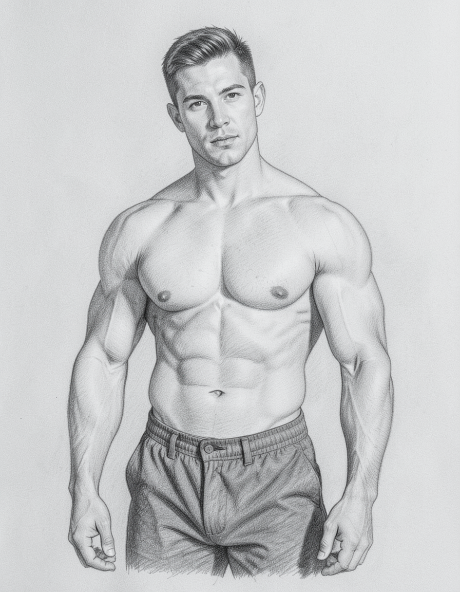 A pencil sketch of a shirtless man with short hair, head slightly tilted to the 