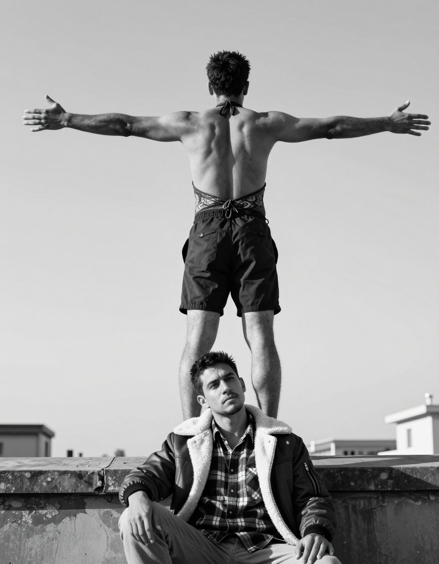Two adult men in a black-and-white fine-art editorial composition on an elevated outdoor rooftop. Man one stands with back turned, arms outstretched to sides wearing a patterned halter-style top and dark shorts; man two sits below leaning back with hand near knee in a shearling-collared bomber jacket over plaid shirt. High-key natural daylight casts soft shadows against minimal sky background. Vertical portrait framing emphasizes strong vertical lines and spatial contrast between standing figure above and seated subject below., a single uninterrupted photograph only, no written words or typography anywhere in frame, no captions, no app UI, no social-media post layout, no screenshot borders