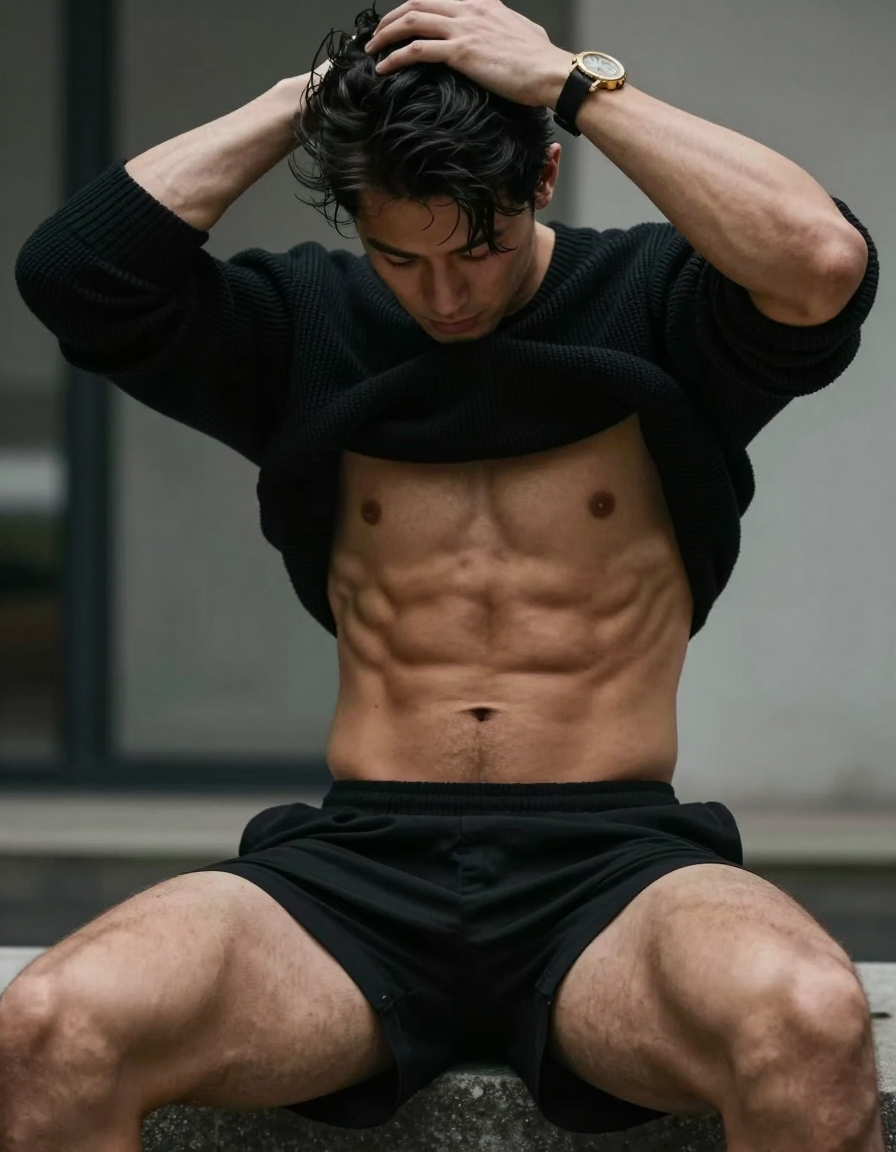 Photoreal photograph of a man with a compact athletic build and defined abs, standing with his hand on his head, torso slightly turned to the side. He is shirtless but wearing a black knitted sweater draped over his shoulders. A gold bracelet wristwatch with a black strap is visible on his left arm. The image features sharp focus with soft lighting and a muted color palette dominated by dark tones of the sweater and background. Thick thighs are prominently displayed in the pose, set against an urban environment with a blurred background suggesting depth. Mood is contemplative and artistic. No other people present. Aspect ratio 653:980, vertical portrait orientation on an 832x1216 canvas