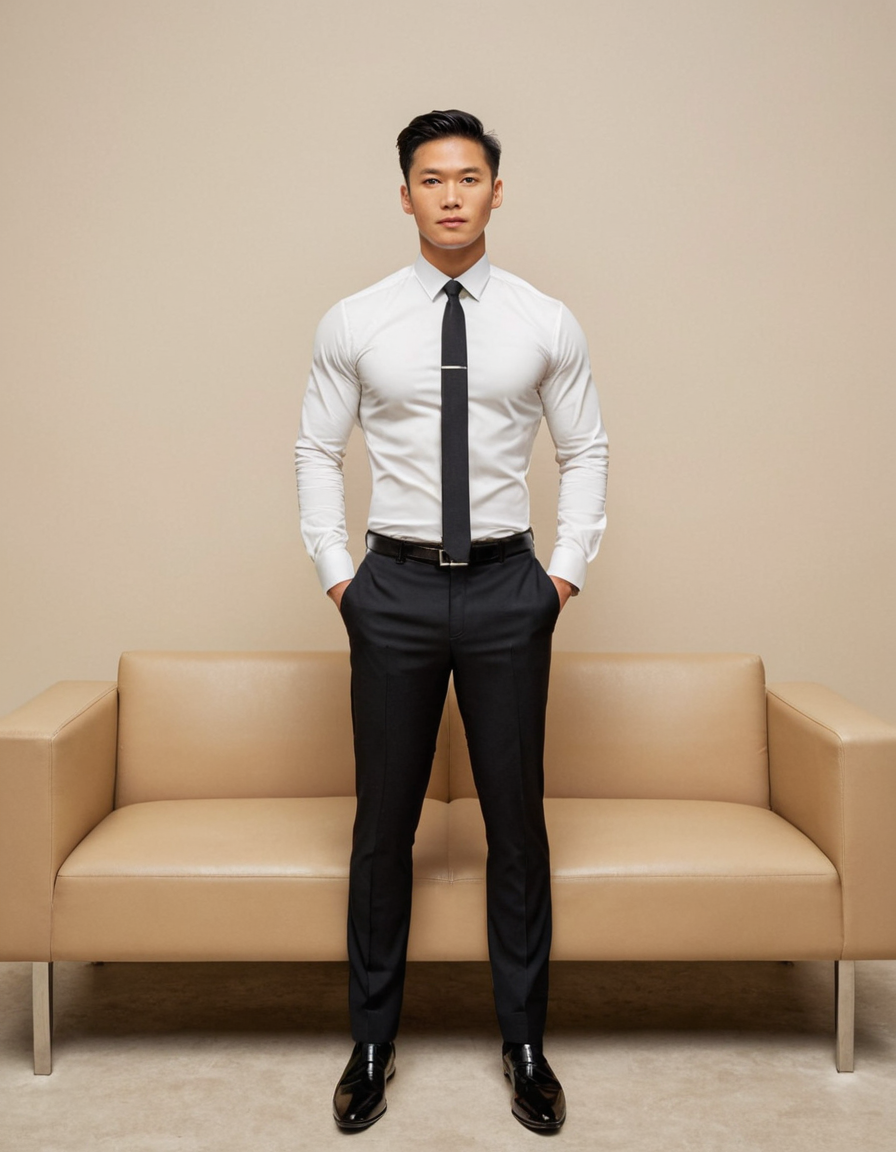A young Asian man standing confidently in an urban setting, wearing a formal black suit with a crisp white shirt. The soft, diffused lighting casts subtle shadows on his athletic build, emphasizing his muscles and posture. Rows of beige seating and neutral-colored walls create a serene atmosphere, evoking calmness and tranquility. He stands with one hand resting casually on the seat next to him, while the other is at his side. His legs are slightly apart, showcasing his confident stance. The composition focuses on his full body from head to toe, including his well-defined legs in black dress shoes. The muted tones of beige, gray, and white contribute to a relaxed mood, perfectly capturing the essence of masculine homoerotic fine-art photography.