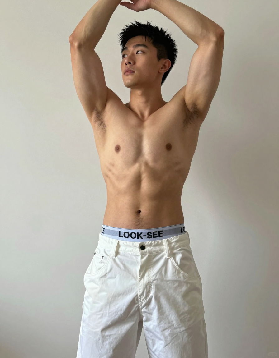 A photorealistic portrait of a shirtless Asian man standing with his arms raised above his head, torso slightly leaned back. He is wearing white pants with 'LOOK-SEE' waistband. The image has a vertical portrait orientation with an aspect ratio of 200:301 and a canvas size of 832x1216 pixels. Soft lighting and a neutral background enhance the defined abs and broad shoulders, creating a romantic aesthetic