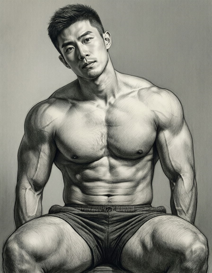 A pencil sketch of a shirtless man with short hair, head slightly tilted to the 