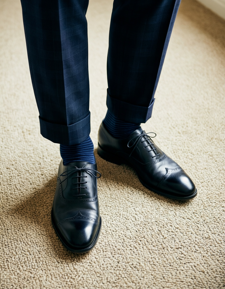 High-angle fashion editorial close-up of a handsome adult man's lower legs and f