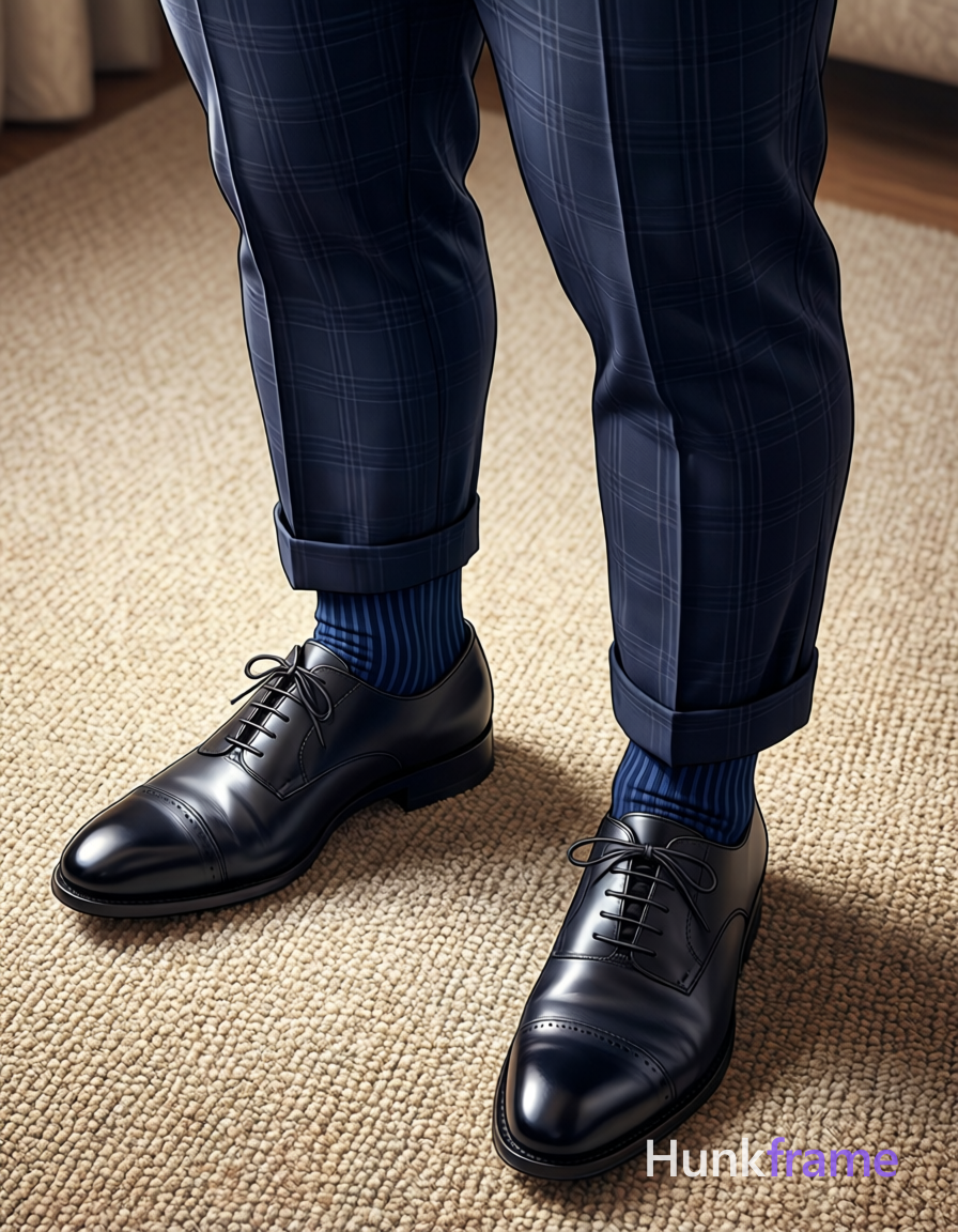 High-angle anime style close-up of a polished adult man's lower legs and feet st