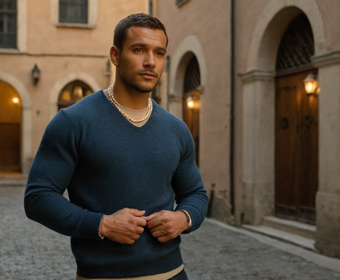 A Slavic man with pale skin and ash blond stubble stands in a dimly lit, cobblestone courtyard of an old European building during twilight. He has short, straight hair and is dressed casually in dark jeans and a light sweater, showing off his tall athletic frame through the layered outfit. The soft evening lighting creates subtle shadows over his muscular shoulders and arms, enhancing the romantic yet introspective mood of the scene. Background elements include ivy-covered walls and faint street lights in the distance, adding to the atmospheric feel of an old city at dusk. Photoreal photography capturing a masculine editorial portrait.. Scene and lighting from reference: Art medium: Photoreal photograph Subject: A muscular male figure with short hair and a beard, wearing an elaborate necklace made of pearls. The subject has a confident expression and is posing with his arms crossed over his chest. Pose: Full body, head to toe, showing the subject's muscular physique from shoulders down to feet. His hands are positioned on his chest in a confident stance. Body type: Muscular and athletic build. Clothing: Only the, 人种: African-American; 画幅比例: 5:4 aspect ratio, horizontal landscape orientation, 1088x896 canvas, alternate camera angle, natural ambient light, candid unretouched framing, Moroccan man, deep tan, dark curls, defined abs natural not exaggerated
