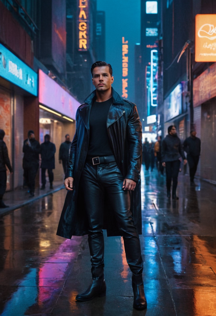 A rugged yet stylish man stands in a futuristic alleyway at dusk, illuminated by