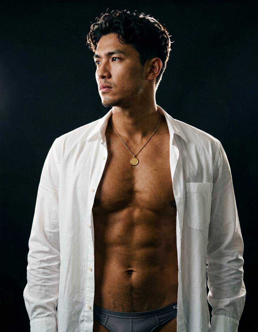 A handsome adult man with medium-dark skin and dark curly short hair stands against a deep black studio background. He wears an open white button-down shirt revealing his chest and abdomen, accented by a gold chain necklace with a round pendant. His broad shoulders and defined pectorals are highlighted by dramatic low-key lighting with a sharp rim light tracing his hairline. The composition is a vertical portrait capturing the upper torso angled slightly right while he turns his head left to gaze seriously off-camera. High contrast photography with shallow depth of field creates an intense, moody, and sensual fine-art atmosphere., shot on iPhone 15 Pro main camera, authentic smartphone computational photography, natural Smart HDR and true-to-life skin texture, vertical 9:16 Xiaohongshu lifestyle feed, bright clean everyday scene, unretouched phone photo with subtle sensor grain, trendy Chinese internet 网红 aesthetic, candid influencer energy, wearing underwear or swim trunks, covered genitals, no frontal nudity