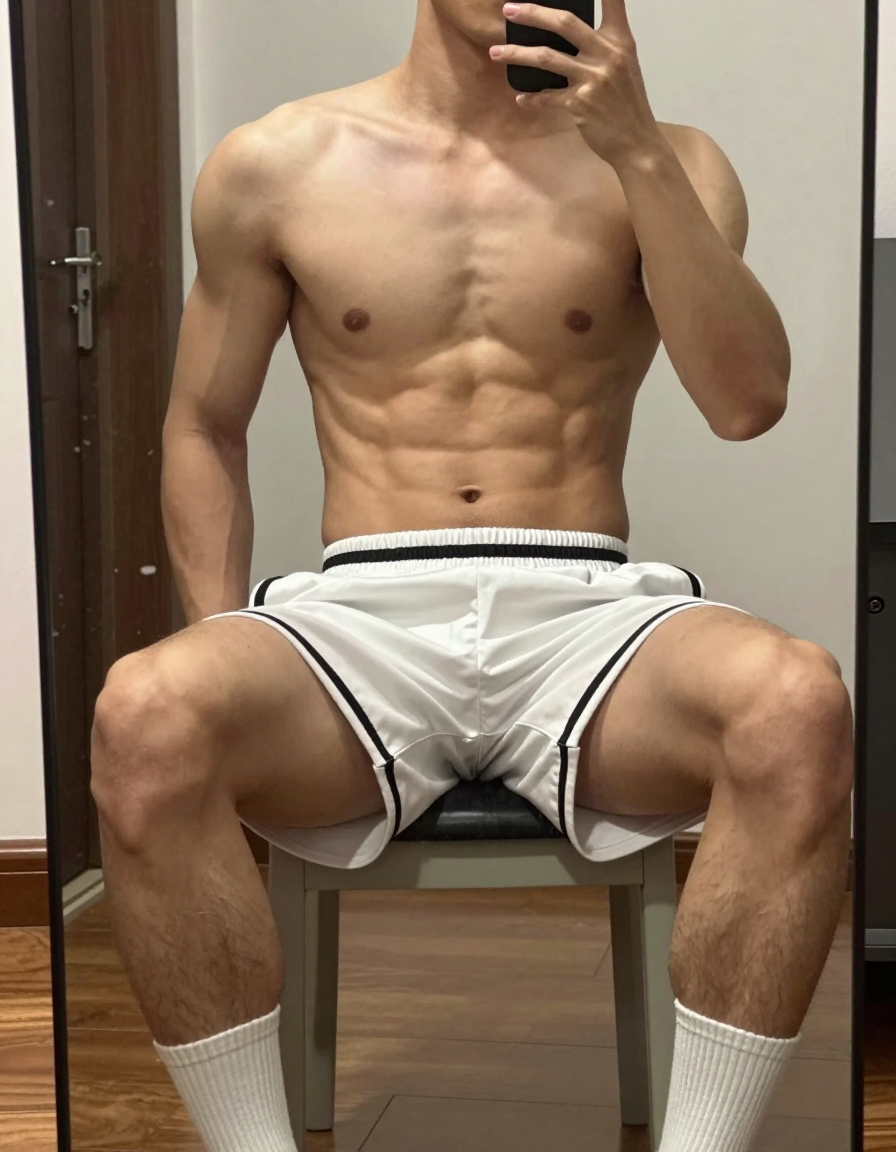 A handsome young Asian man seated on a stool in front of a mirror, shirtless wit
