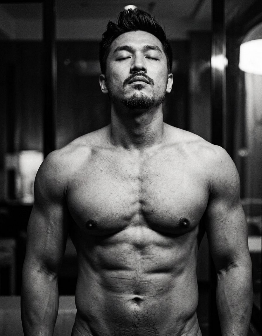 An Asian man with medium-dark skin and a dark, short hairstyle styled upward stands shirtless in an upper-body close-up. He has defined pectorals, visible abdominal definition, broad shoulders, and facial hair including a goatee on the chin and mustache. His eyes are closed or nearly closed with a neutral to contemplative mouth while his head tilts slightly upward and back, gazing away from the camera. The setting is an indoor space with a dark background featuring subtle vertical lines suggesting glass panes. High-contrast chiaroscuro lighting strikes strongly from the right side of the frame against monochrome black-and-white tones. Grainy film texture overlays soft focus on the indistinct background while shallow depth of field centers him filling most of the portrait composition
