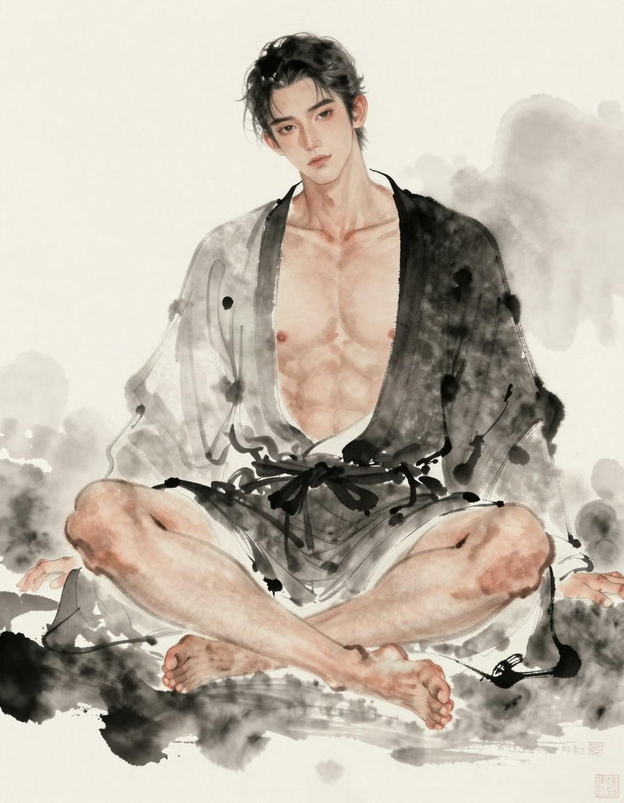 A handsome masculine man seated in an ink wash painting style, with a full body crop and shirtless. The setting is a misty atmosphere with muted tones, creating a serene and contemplative mood. Thick muscular thighs are prominently featured, with a soft focus and slightly blurred overall appearance. The composition captures the essence of Chinese traditional aesthetic, combining elegant robes with modern fusion art elements., a single uninterrupted photograph only, no written words or typography anywhere in frame, no captions, no app UI, no social-media post layout, no screenshot borders