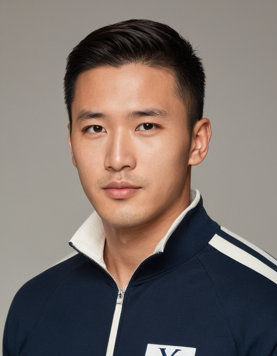Photoreal photograph of a shirtless man with broad shoulders and defined abs. He is wearing a blue collared shirt underneath a navy blue tracksuit top with white stripes and 'Worldwide' logo. The subject leans forward slightly in a studio setting, showcasing soft lighting and a neutral palette that sets a romantic mood. Crop shows only the torso, with no head visible, maintaining the 3:4 aspect ratio and vertical portrait orientation on an 896x1152 canvas., alternate camera angle, natural ambient light, candid unretouched framing, lean Korean man, sharp jaw, monolid eyes, slim swimmer build, natural black hair