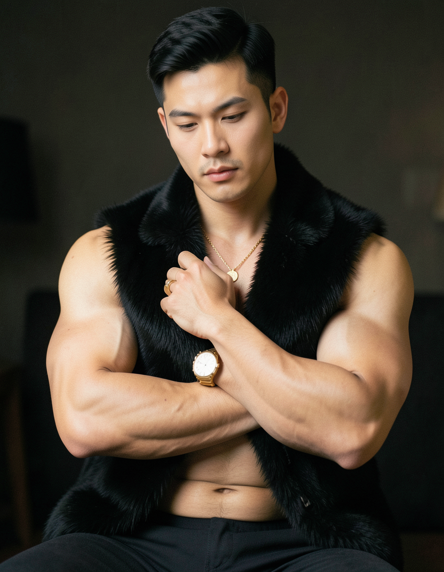 shirtless man with muscular build, arms crossed over chest, hand resting on fur collar, head slightly tilted forward, broad shoulders, defined abs, wearing black fur vest, gold watch and necklace, ring on left hand, seated pose, torso crop, soft warm lighting, dark background, romantic aesthetic, tack-sharp image quality, vertical portrait orientation, 896x1152 canvas