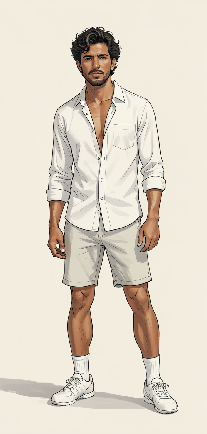 freshly generated candid Xiaohongshu lifestyle photo, brand new full-body composition with a different pose, camera angle and background, both hands relaxed, not a mirror selfie, not a copy of any reference image, white button-up shirt worn open at the chest, lean build, authentic social-feed lifestyle mood, reference lighting and color treatment: illustration with soft lighting and a muted palette of white, cream, and grey, sketchy lines and minimalist shading create an intimate atmosphere, same aesthetic theme and photo feel as the reference but a different man in a different pose with distinct body proportions, Mexican man, bronze skin, strong jaw, thick wavy hair, soccer-player lean legs, a single uninterrupted photograph only, no written words or typography anywhere in frame, no captions, no app UI, no social-media post layout, no screenshot borders