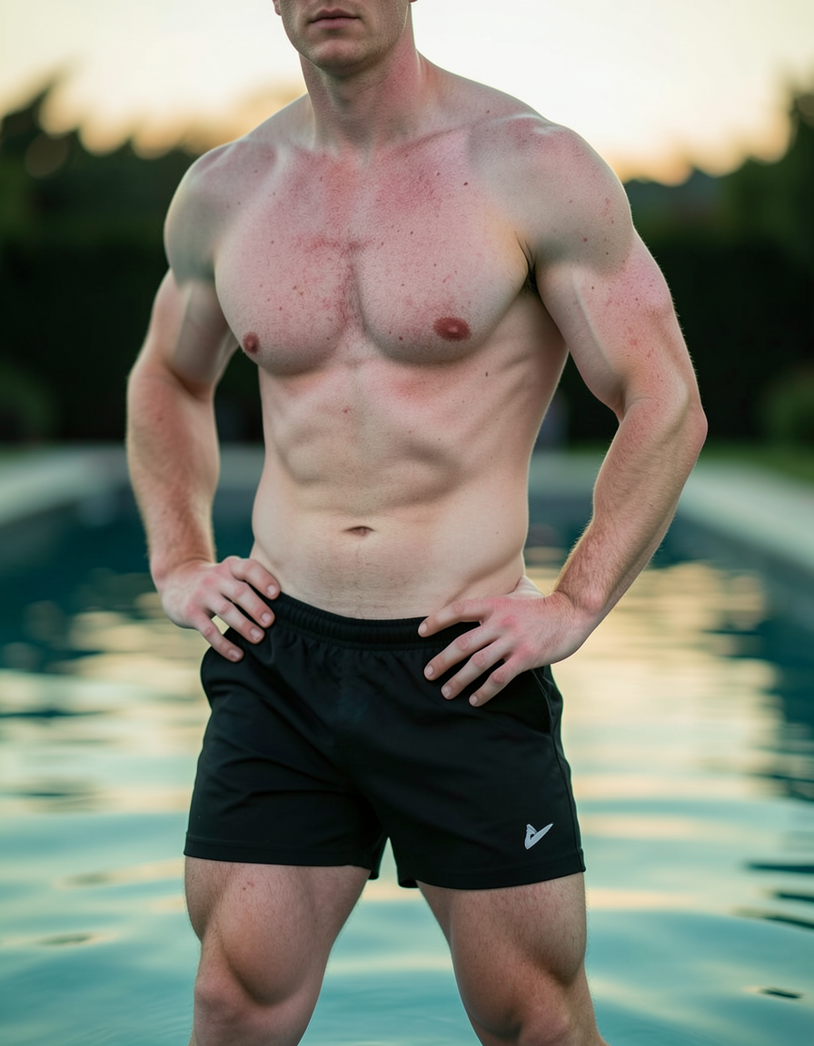 Irish man with pale skin and red undertones, shirtless near a serene pool at sunset, soft greenish-blue tinted natural light highlights his lean rugby build and muscular thighs, he leans slightly forward with one hand on hip, background is blurred and subtly textured