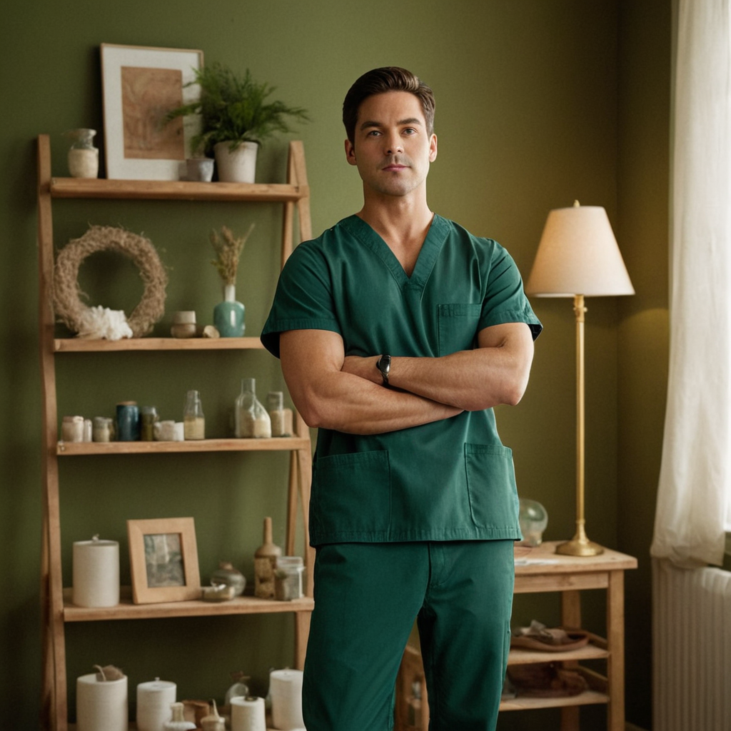 A shirtless man stands confidently in an artist's studio with a palette and brush, wearing paint-splattered jeans. The background features shelves filled with art materials, an easel set up near a window, and various paintings hanging on the walls. Soft diffused light from natural sources highlights his muscular physique, casting subtle shadows that emphasize his form. The composition is captured in high fashion editorial style with dramatic lighting, showcasing a confident and relaxed pose.. Scene and lighting from reference: Single male subject in a full-body shot with arms crossed and head slightly tilted forward. He has short dark hair and is wearing green medical scrubs. The background features soft lighting from lamps on either side of him, creating a warm ambiance. The setting appears to be indoors, possibly a bedroom or studio space with neutral-colored walls and curtains. The color palette consists mainly of muted greens, browns, and beige tones. The mood is a