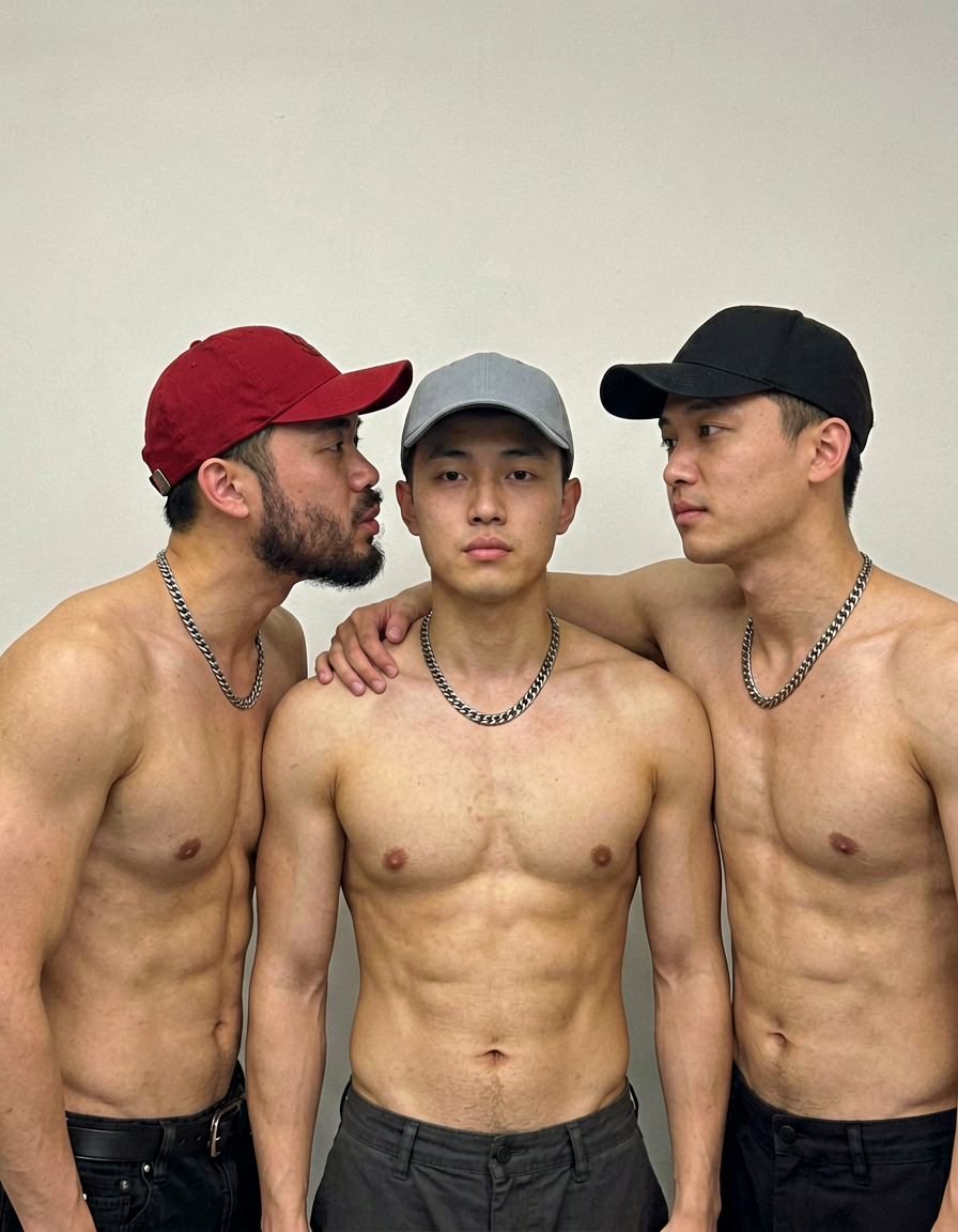 three shirtless men indoors, horizontal landscape orientation, 3:2 aspect ratio,