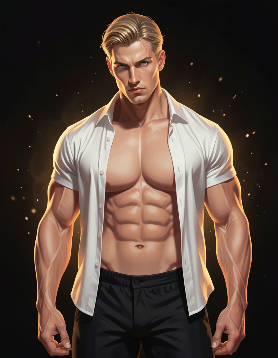 digital painting of a man standing with his head slightly tilted forward, shirtl