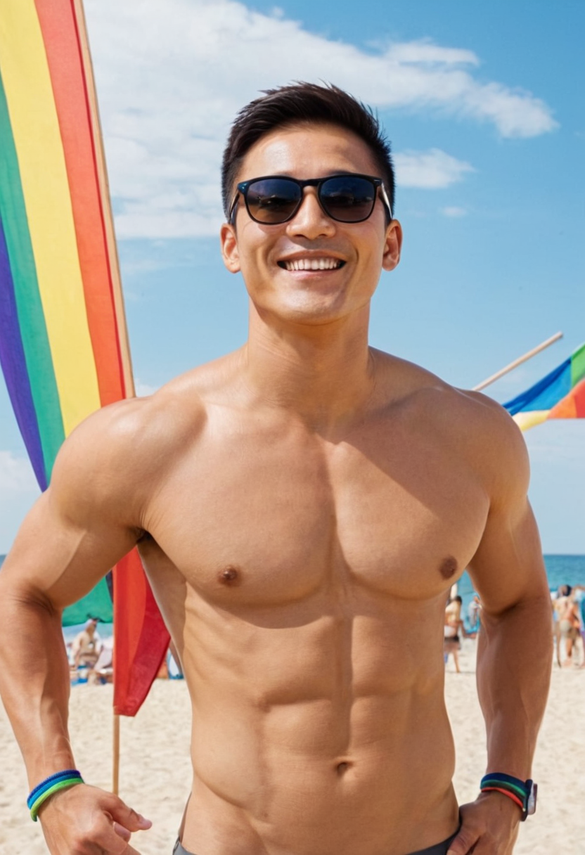 A handsome masculine man standing with head slightly tilted forward and smiling
