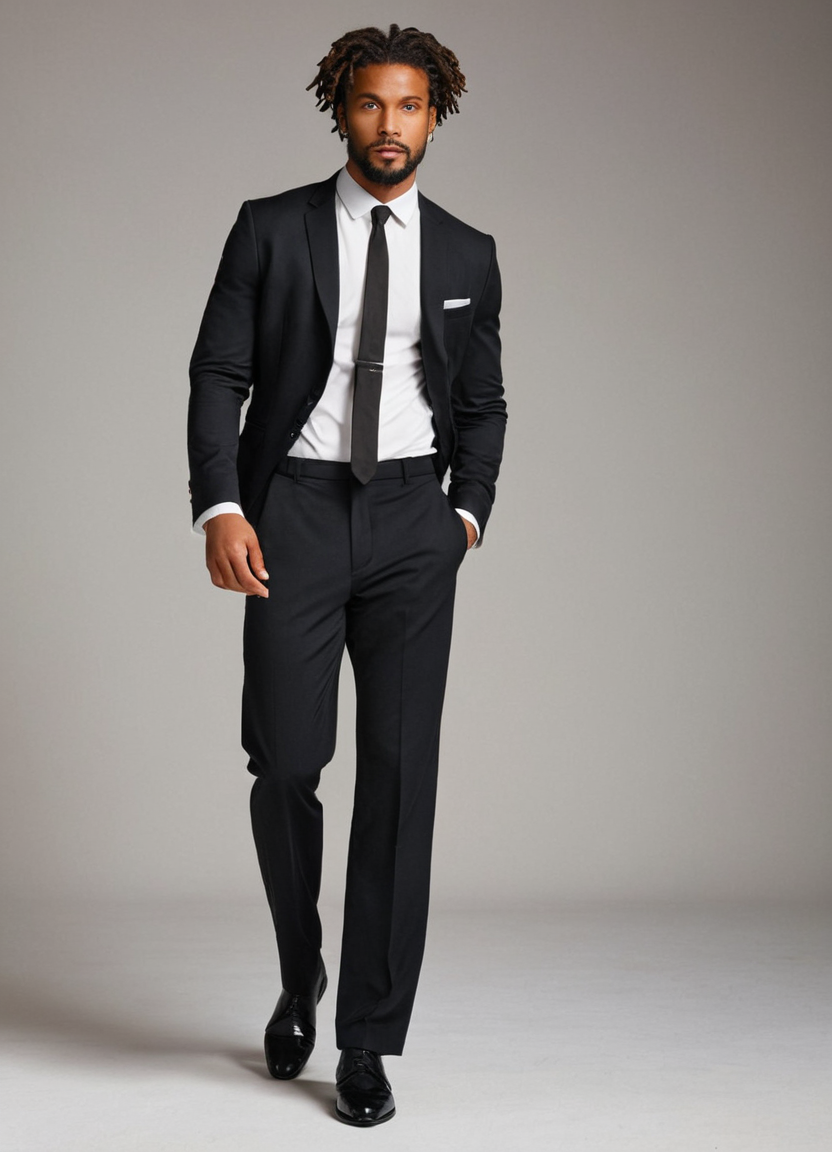A handsome African man with medium skin, dreadlocks, dark eyes, no glasses or beard, standing confidently against a plain background in a sleek modern studio. He wears a crisp white button-up shirt tucked into high-waisted black trousers and polished black dress shoes. The lighting is dramatic, casting deep shadows that accentuate his athletic build and defined muscles. A diagonal camera angle emphasizes the dynamic pose and intensity of the model's gaze, creating a sensual yet artistic atmosphere.. Scene and lighting from reference: The reference image showcases a full-body shot of a handsome male subject in a minimalist studio setting. The subject has curly hair and is wearing an oversized black suit with wide-leg trousers and polished shoes. He stands confidently with his hands slightly apart, exuding a sense of elegance and strength. **Environment & Background:** A plain, light-colored backdrop provides a neutral canvas that highlights the subject's form without distracti, alternate camera angle, natural ambient light, candid editorial framing