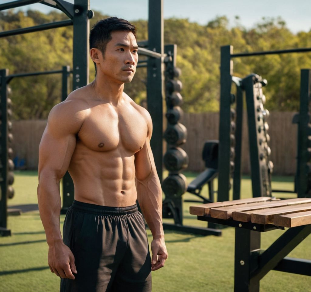 A muscular Asian man stands confidently in a late afternoon outdoor gym area wit