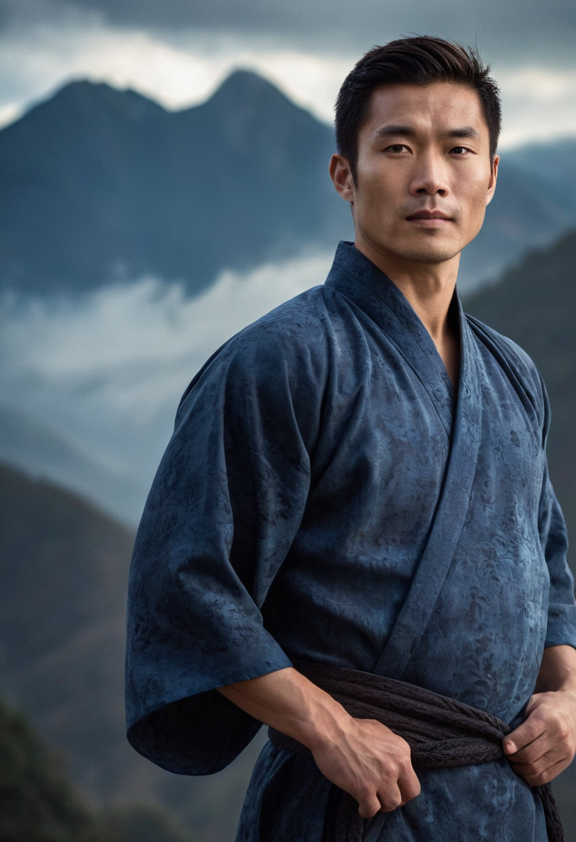 A handsome Asian man standing confidently in traditional Chinese robes against an ink wash backdrop with misty mountains, soft diffused light emphasizing his muscular torso and intricate robe patterns, deep blue and grey tones blending seamlessly with the natural scenery; 85mm lens, shallow depth of field, vertical portrait orientation. Scene and lighting from reference: The reference image shows a masculine subject in a full-body shot against a dark, moody backdrop that evokes an ink wash painting aesthetic. The lighting is soft and diffused, creating subtle shadows that highlight the contours of his muscular physique. The color palette is muted with shades of blue and gray, contributing to the cinematic and elegant mood. The subject's pose is confident yet relaxed, with one hand casually placed in a pocket and