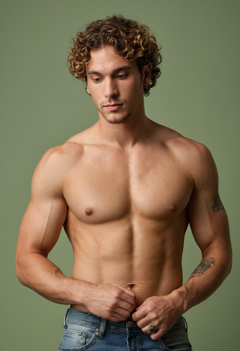 A muscular man with curly hair stands against a plain grayish-green wall during golden hour, shirtless and wearing dark jeans, with soft diffused lighting casting gentle shadows over his body; his tattoos visible on both arms as he leans slightly to one side, dreamy expression in eyes, wavy hair falling over forehead; the scene captures an ethereal romantic quality with warm pastel tones, emphasizing the natural beauty of male form.. Scene and lighting from reference: The image depicts a single male figure in a full-body pose, showcasing his muscular physique and tattoos on both arms. The subject has curly hair and appears contemplative with his head slightly bowed and eyes closed. He is shirtless, revealing well-defined abs and chest muscles. **Environment/Background:** The background is a plain, muted grayish-green color, providing a neutral backdrop that emphasizes the subject's form without distraction. **