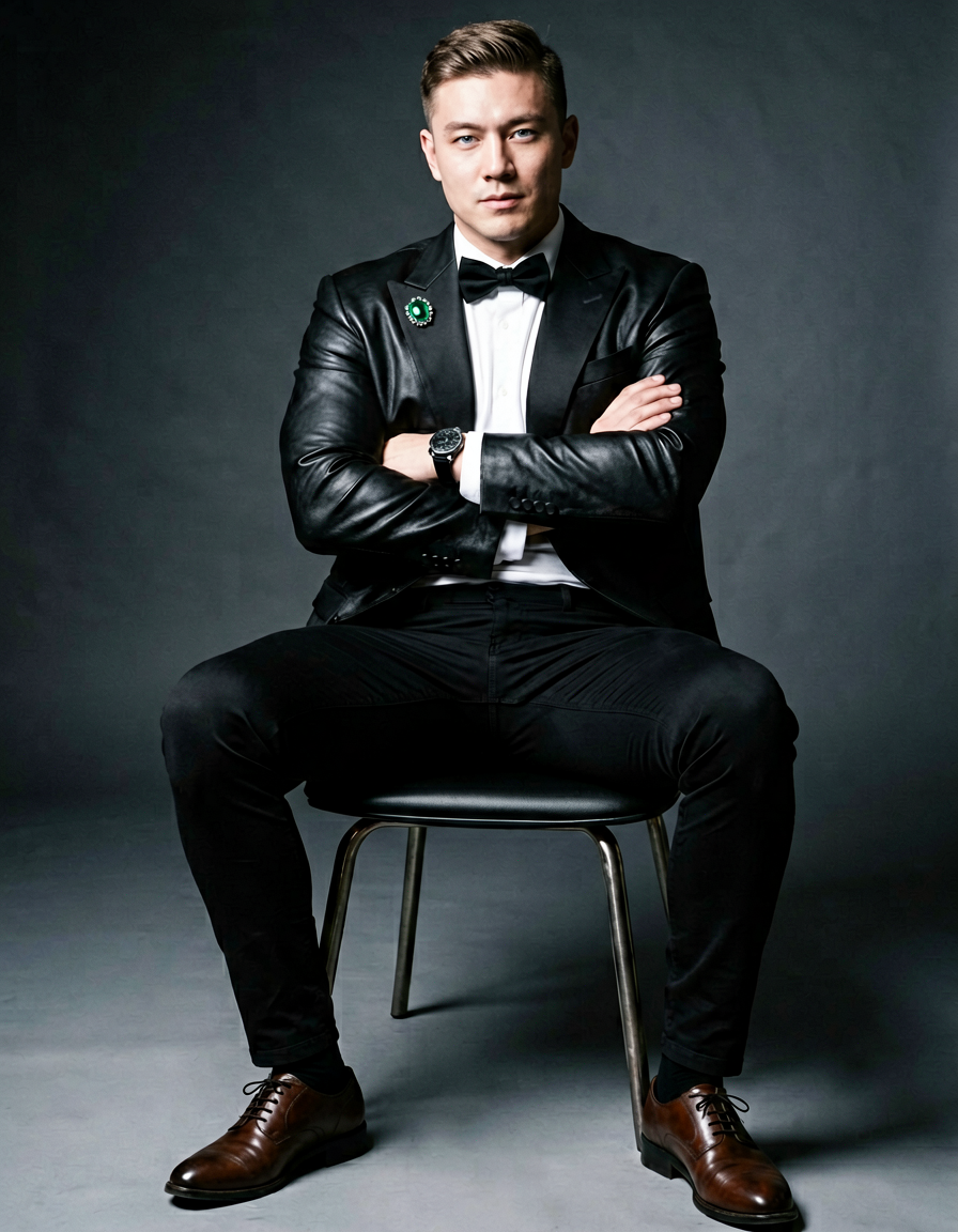A Scandinavian man with very fair skin and ice blue eyes is seated on a modern c