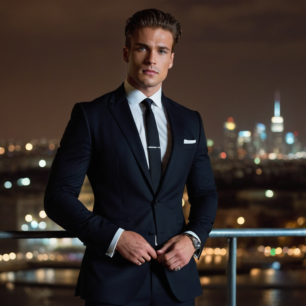 handsome sexy man in a dark suit, sophisticated and charismatic with piercing ey