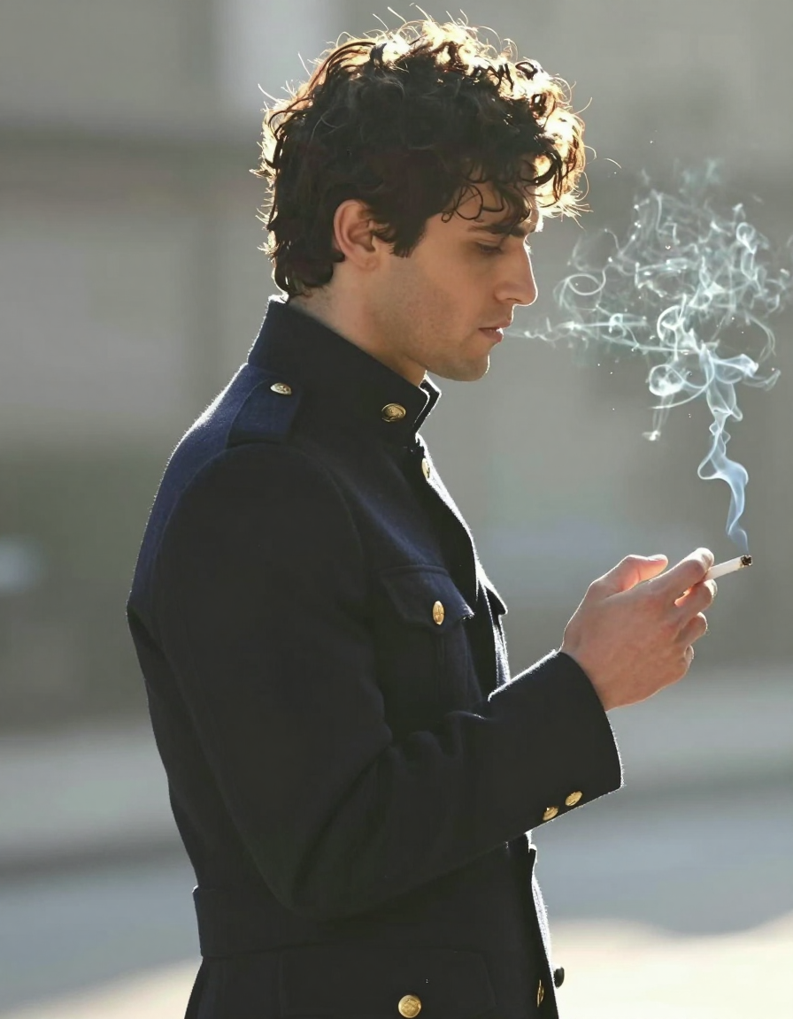 A handsome adult man with dark curly hair stands in right-side profile facing ri