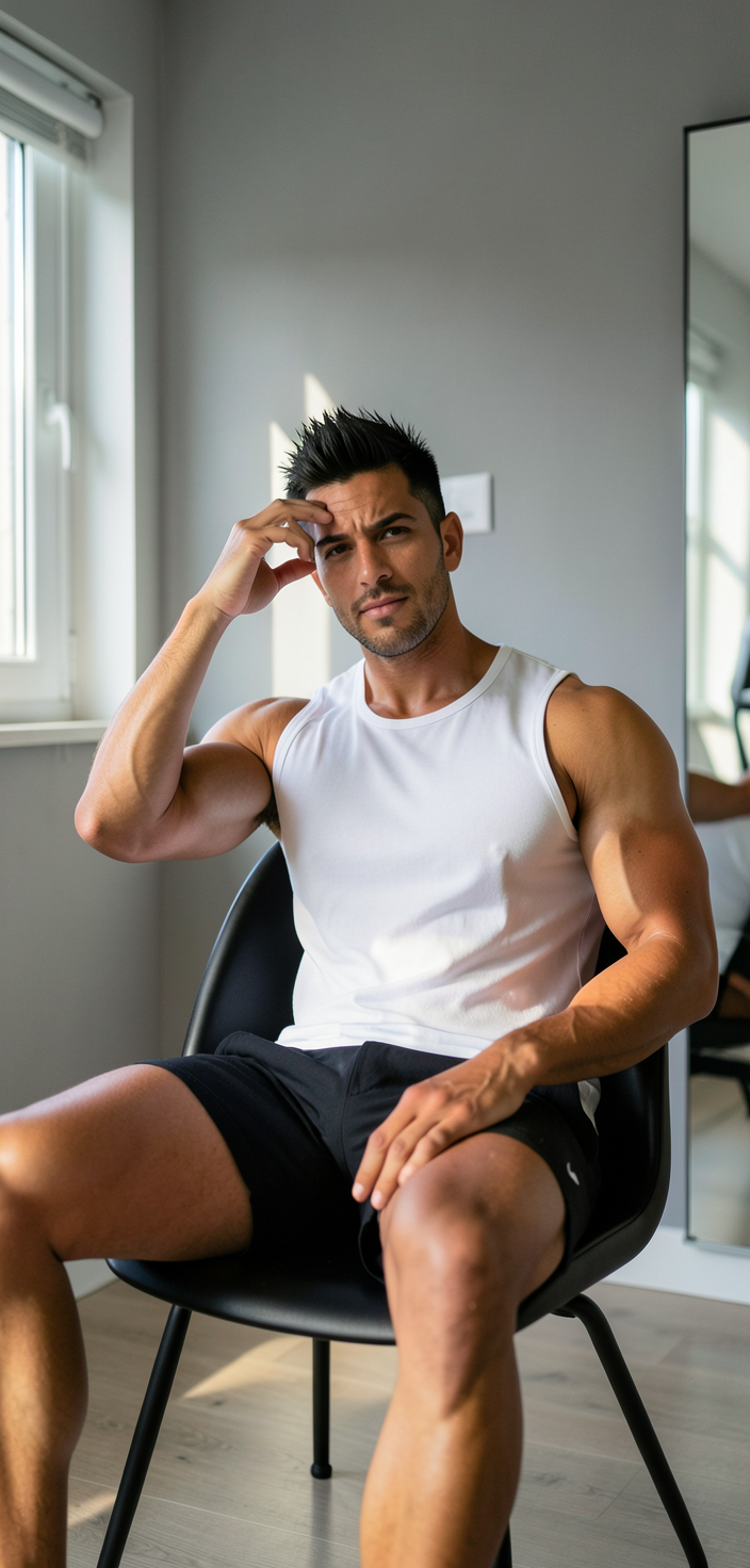 A candid lifestyle shot of a handsome adult man with tanned skin and short black spiky hair, seated casually on a black chair in a modern apartment living room. He wears a white sleeveless tank top fully covering his torso and black athletic shorts ending mid-thigh to show thick thighs and muscular calves. His right arm rests along the side while his left hand touches his forehead near his eye with a serious focused gaze. The scene features natural window light mixing with soft indoor ambient glow, casting realistic shadows on a neutral gray wall background., gym mirror fit-check, post-workout glow, confident smile, lifestyle blogger energy, a single uninterrupted photograph only, no written words or typography anywhere in frame, no captions, no app UI, no social-media post layout, no screenshot borders