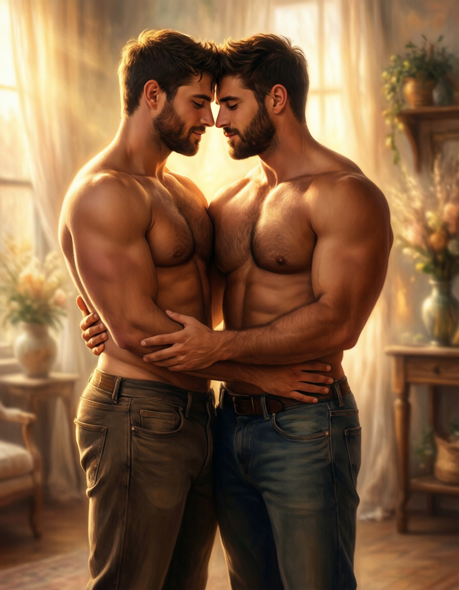digital painting of a romantic gay couple, full body crop with both men standing