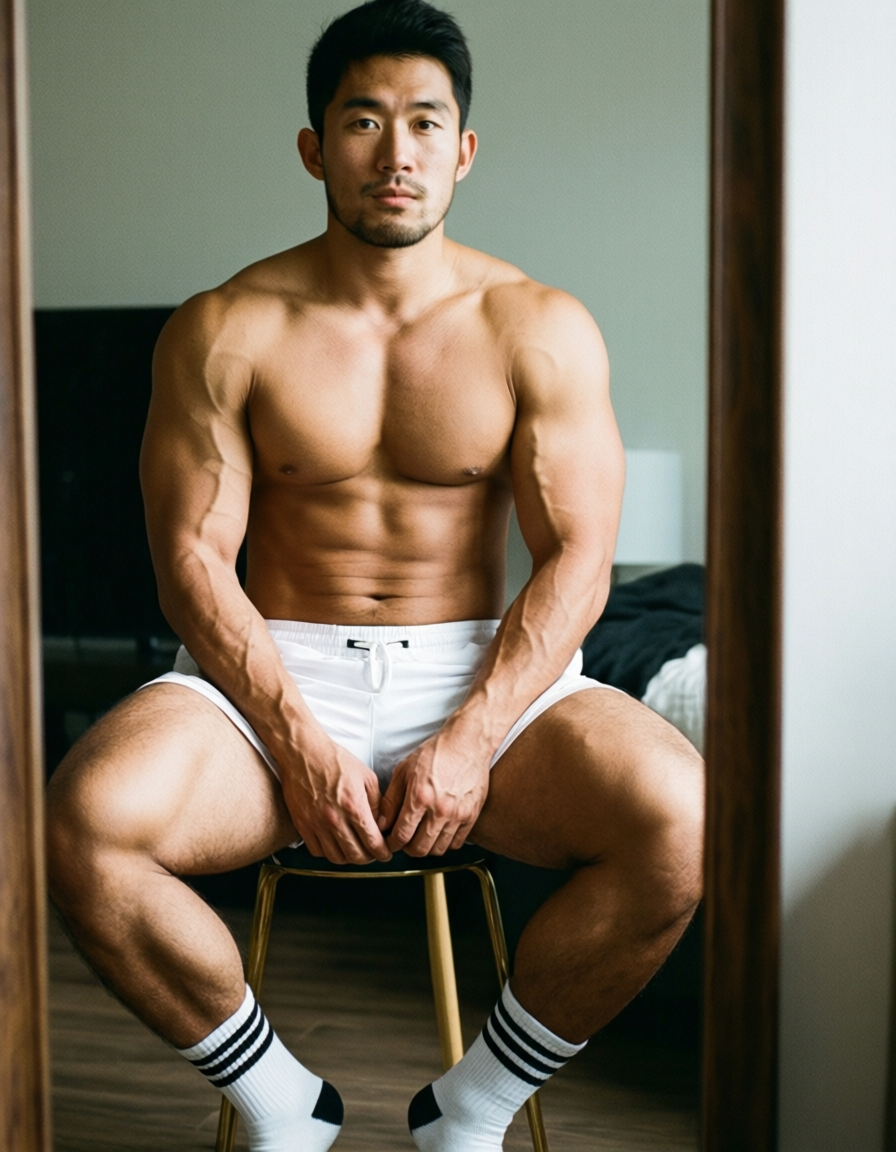 A handsome Asian man seated on a stool in front of a mirror, shirtless with whit