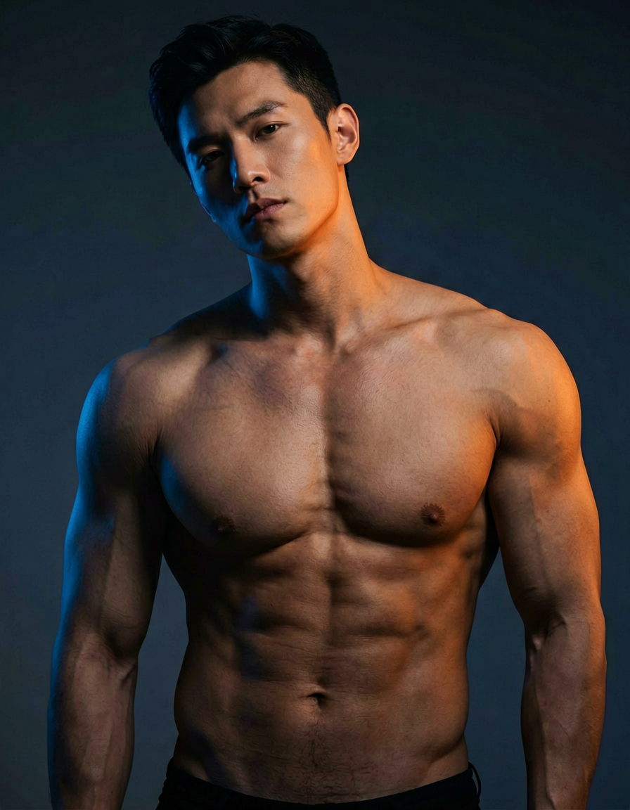 A handsome masculine male standing with his head slightly tilted to the side, sh