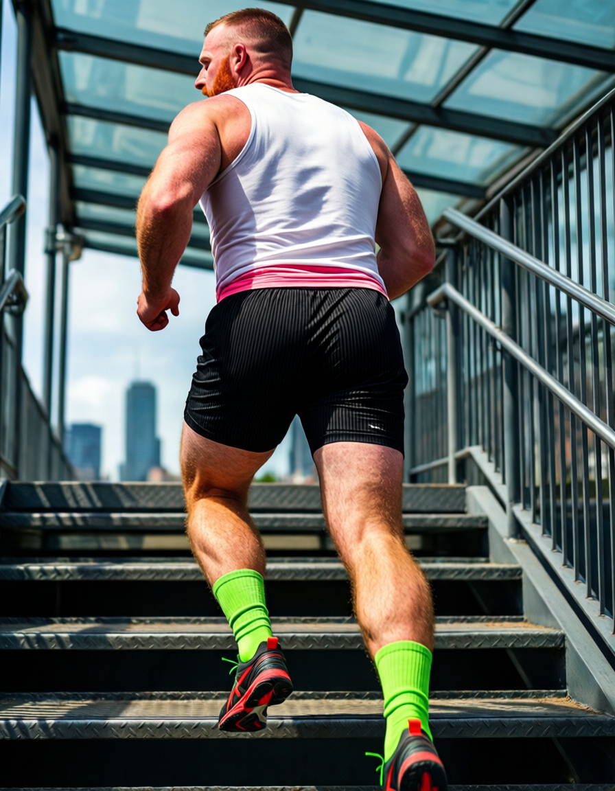 An adult man with short-cropped dark hair runs up metal stairs, viewed from behi